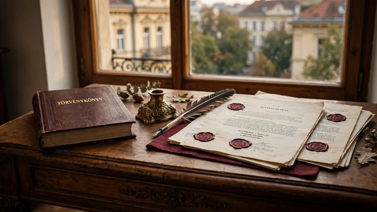 Jogászati dokumentumok és könyvek egy elegáns fa íróasztalon, az impresszum oldal illusztrációja.