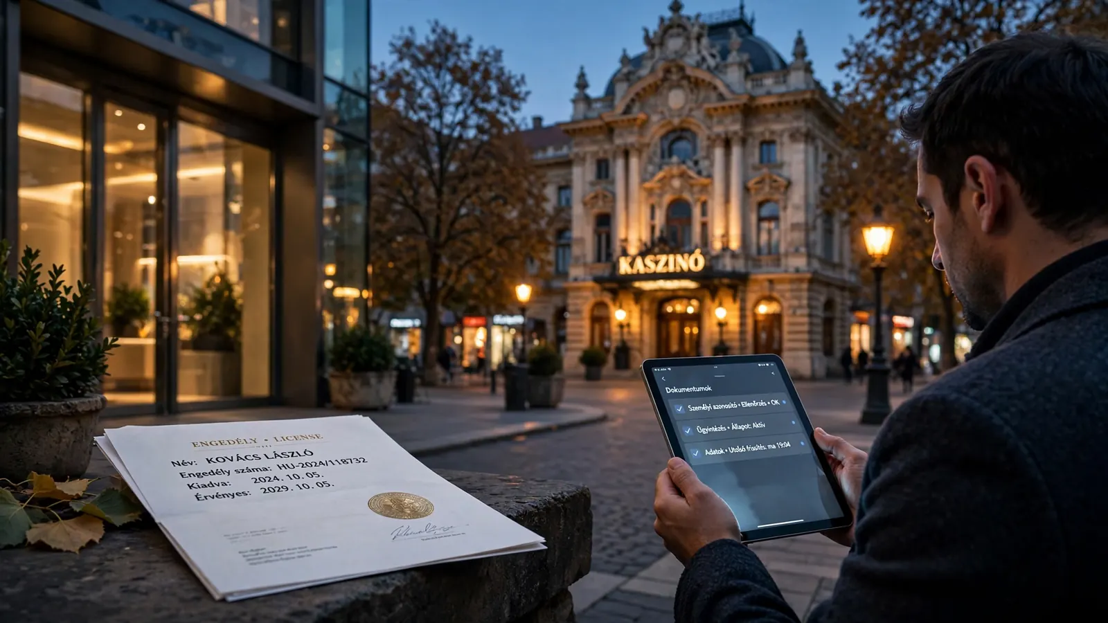 Budapesti utcarészlet kaszinóhomlokzattal és engedélydokumentummal